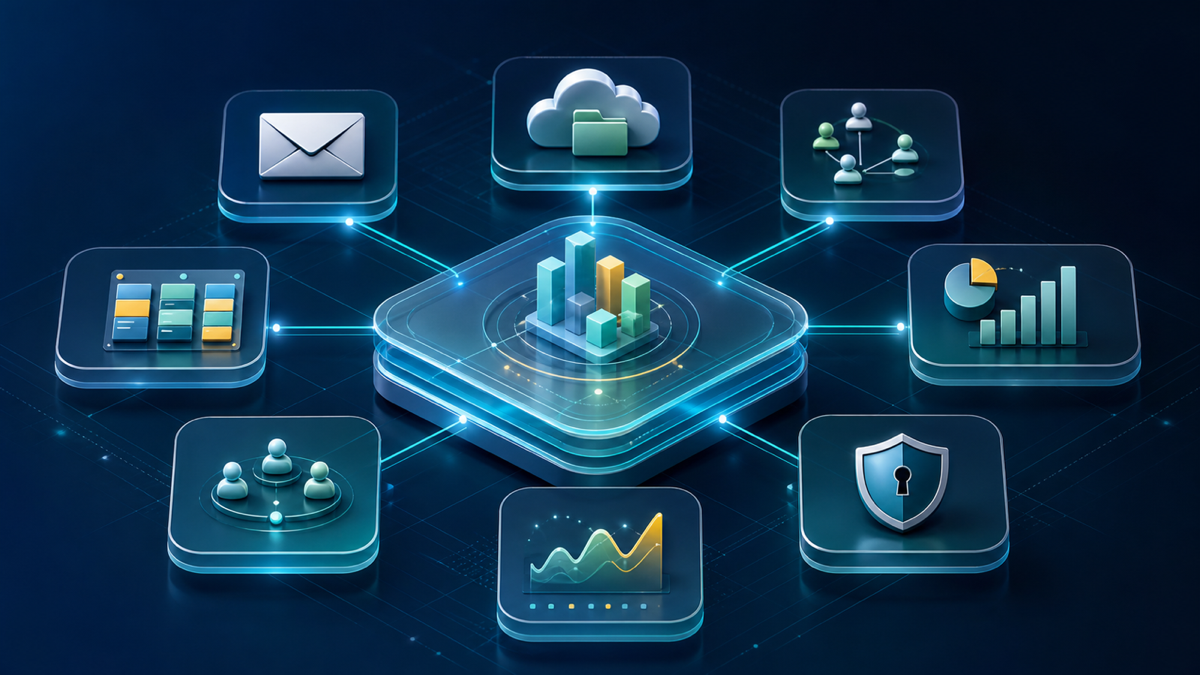 Ecosystème applicatif connecté pour piloter une PME avec Zoho One, reporting, collaboration et automatisation.
